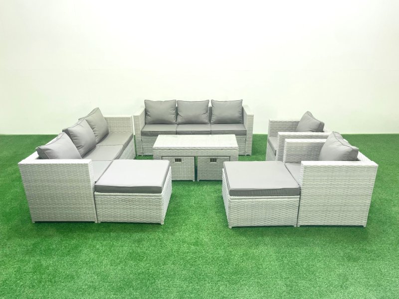 Fimous Outdoor Rattan Garden Furniture Set with Grey Cushions Luxury 12 Seater with 2 Chairs and Coffee Table For Conservatory,Patio
