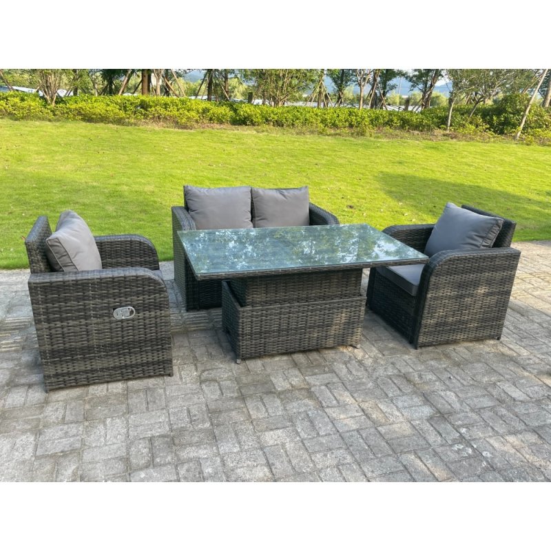 Fimous Dark Mixed Grey Rattan Outdoor Garden Furniture Lifting Adjustable Dining Or Coffee Table Sets Love Sofa Reclining Chairs 4 Seater
