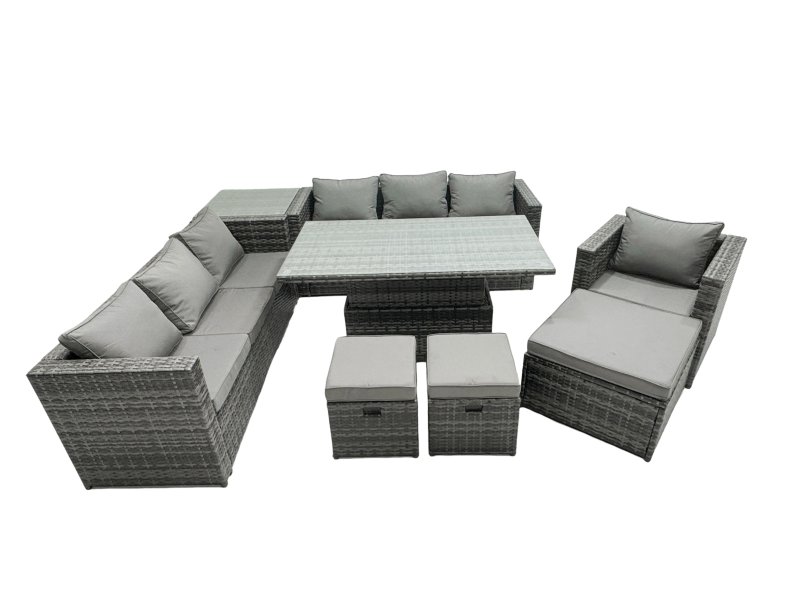 Fimous PE Rattan Garden Furniture Set Lounge Sofa Rising Dining Table Set with Side Table 3 Footstool Dark Grey Mixed