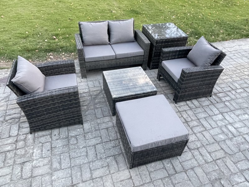 Fimous 6 PCS Outdoor Lounge Sofa Set Wicker PE Rattan Garden Furniture Set with Armchair Square Coffee Table Double Seat Sofa Big Footstool Side Table Dark Grey Mixed