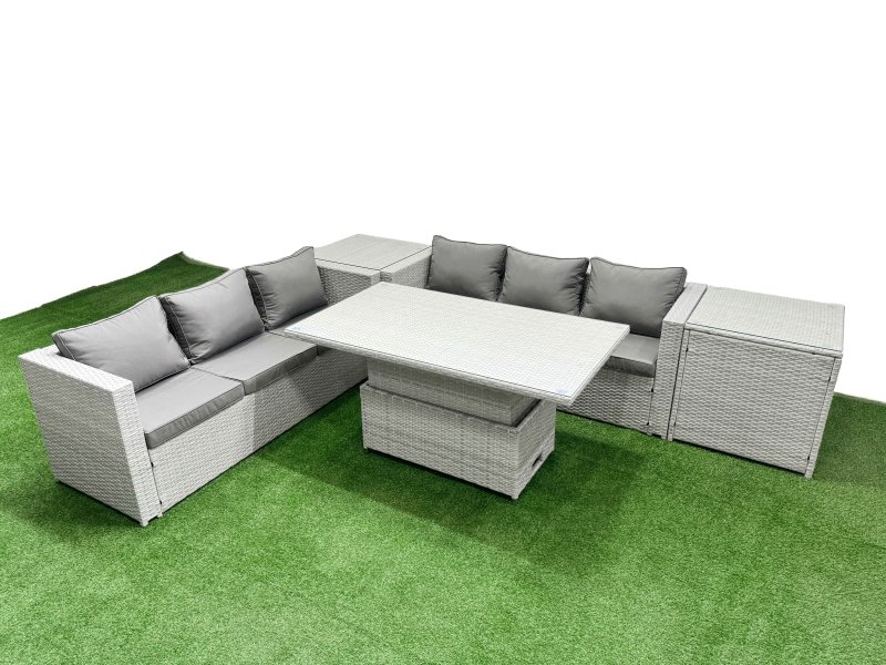Fimous 5 PCs Rising Dining Table Set Rattan Furniture Set with 3 Seater Sofa 2 Side Tables Light Grey