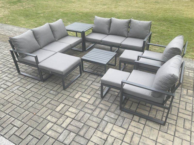 Fimous Aluminium Outdoor Garden Furniture Set Patio Lounge Sofa with Square Coffee Table Side Table 2 Armchairs 3 Footstools Dark Grey