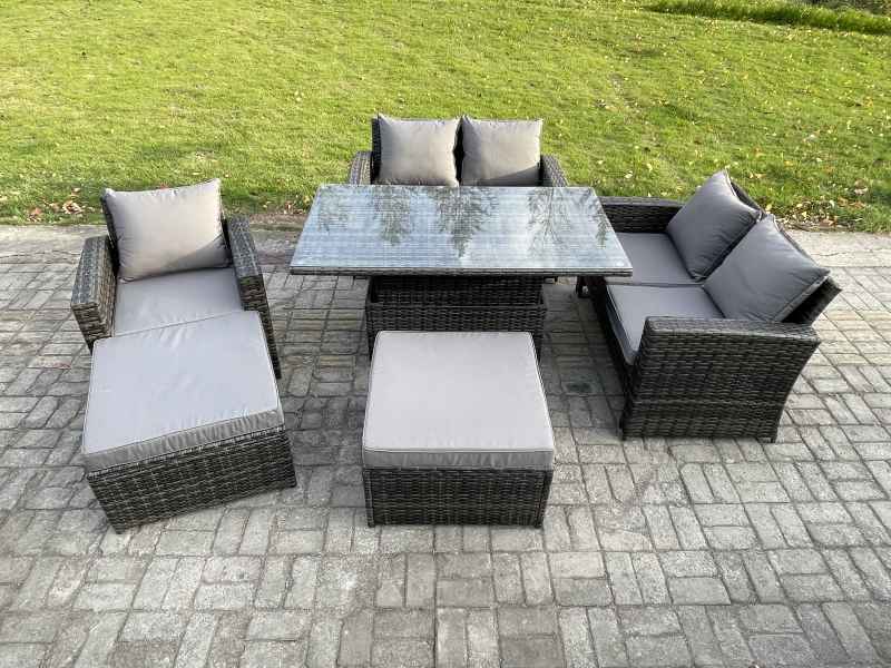 Fimous 7 Seater Wicker Rattan Garden Furniture Rising Table Set with 2 Big Footstool Double Seat Sofa Armchairs Dark Grey Mixed