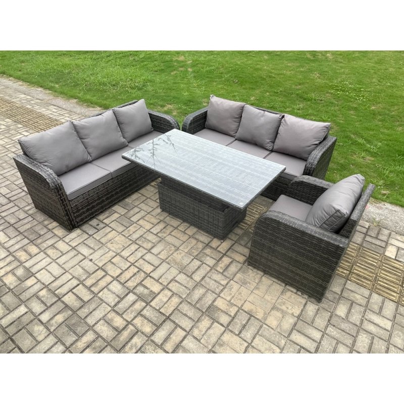 Fimous 7 Seater Outdoor Rattan Garden Furniture Sets Height Adjustable Rising lifting Dining Table Sofa Set with Reclining Chair Dark Grey Mixed