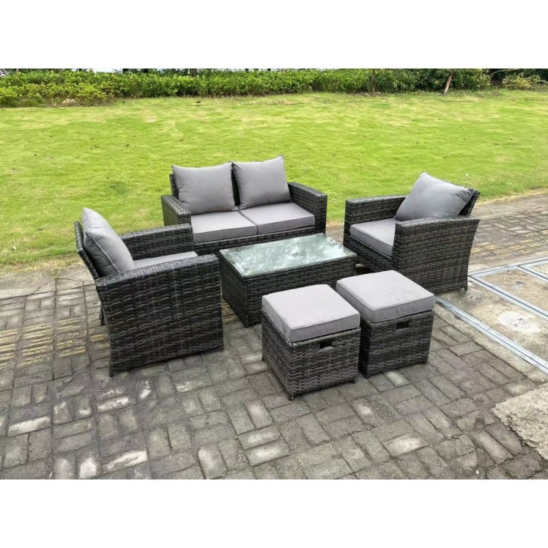 Fimous 6 Seater Dark Grey Mixed High Back Rattan Sofa Set Rectangular Coffee Table Garden Furniture Outdoor 2 Stools