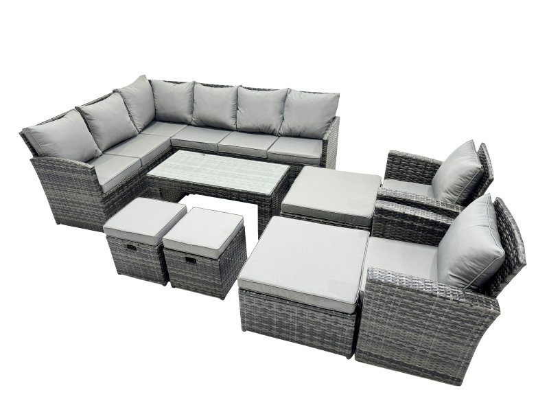 Fimous 12 Seat Poly Rattan Outdoor Patio Oblong Coffee Table Corner Sofa Set with 4 Stools Chair for Garden Backyard Dark Grey Mixed