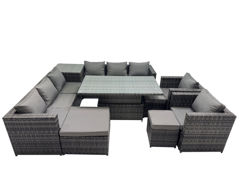 Fimous 11 Seater Outdoor Corner Sofa Height Adjustable Rising Lifting Table Set Garden Rattan Furniture Set with Side Table 3 Stool Dark Grey