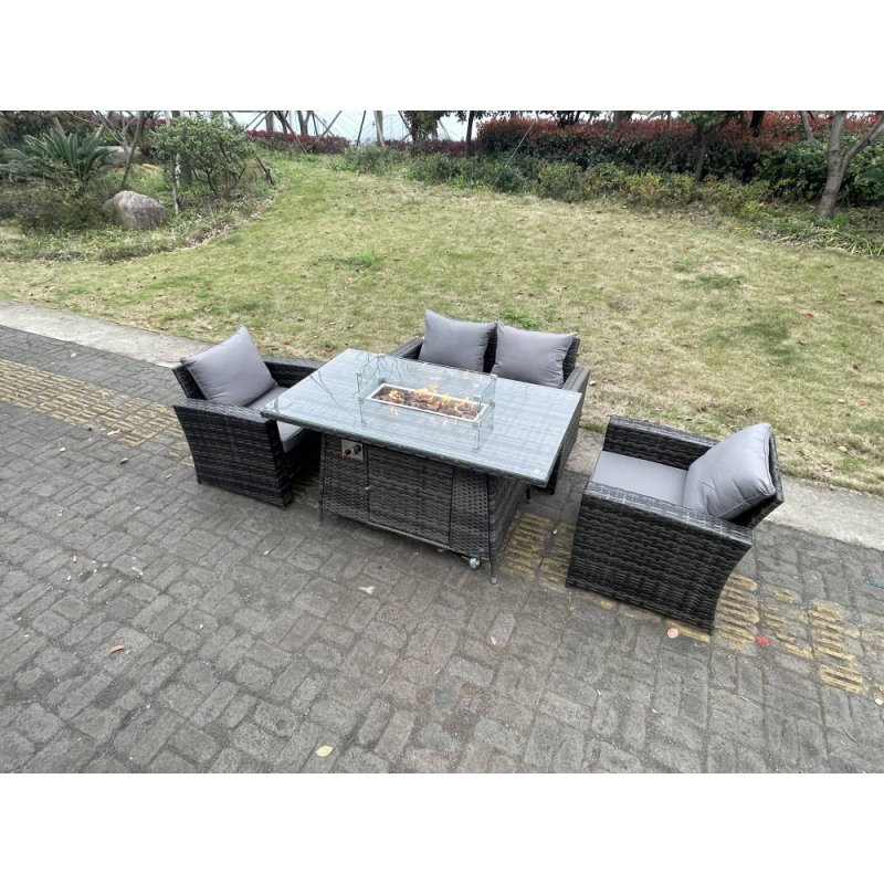 Fimous Rattan Outdoor Furniture Gas Fire Pit Rectangle Dining Table Gas Heater Chairs Two Seater Love Sofa Sets 4 Seater