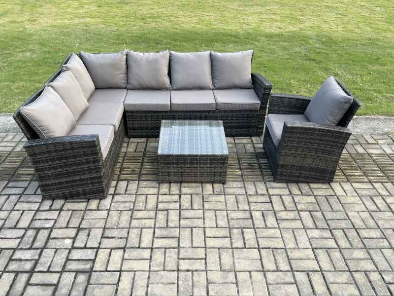 Fimous 7 Seater Outdoor Furniture Garden Dining Set Rattan Corner Sofa Set with Square Coffee Table Armchair Dark Grey Mixed