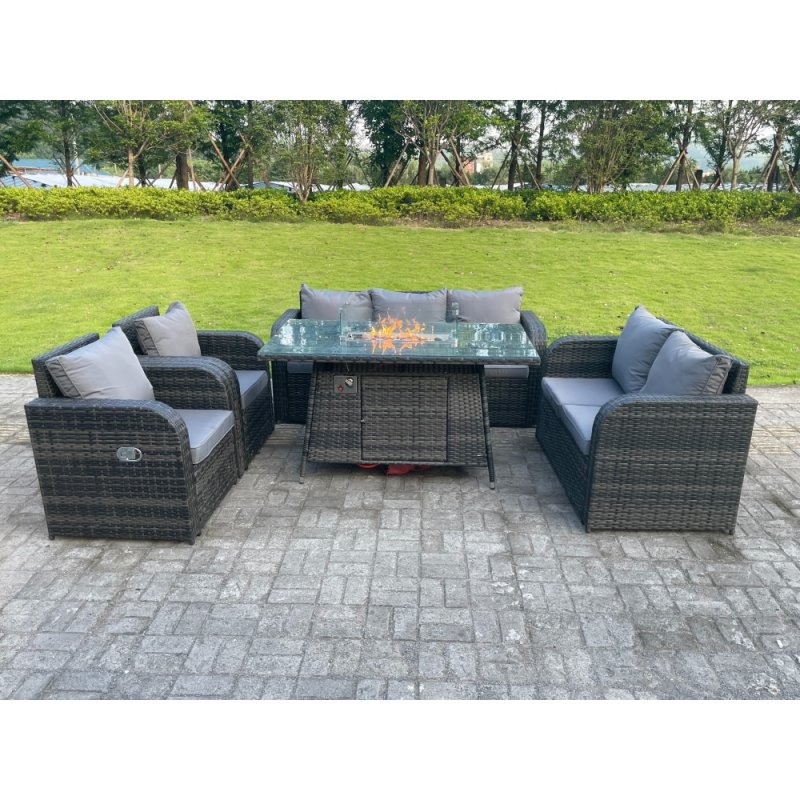 Fimous Dark Mixed Grey Rattan Outdoor Garden Furniture Gas Fire Pit Table Sets Gas Heater Lounge Love Sofa Reclining Chairs 7 Seater