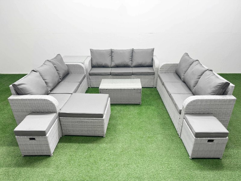 Fimous PE Rattan Lounge Sofa Set 12 Seater Outdoor Garden Furniture Set with Rectangular Coffee Table 3 Seater Sofa 3 Stools Side Table Light Grey