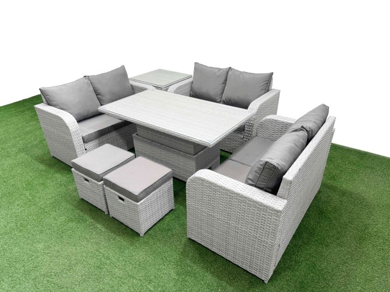 Fimous 8 Seater PE Wicker Rattan Furniture Sofa Sets with Adjustable Lifting Dining or Coffee Table 2 Seater Love Sofa 2 Stool Side Table Light Grey