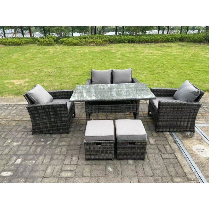 Fimous 6 Seater Outdoor Dark Grey Mixed High Back Rattan Sofa Double Sofa Dining Table Set Garden Furniture Stools