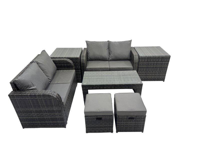 Fimous 3 Seater Sofa Reclining Chair Coffee Table Set Rattan Garden Outdoor Furniture Set with 2 Side Tables 2 Small Stools Dark Grey Mixed