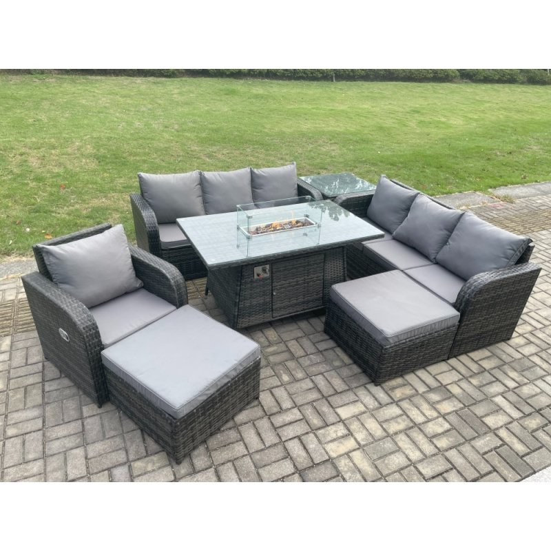 Fimous 9 Seater Wicker Rattan Garden Furniture Set Gas Fire Pit Dining Table Reclining Chair 3 Seater Sofa Set Indoor Outdoor with Side Table 2 Big Footstool
