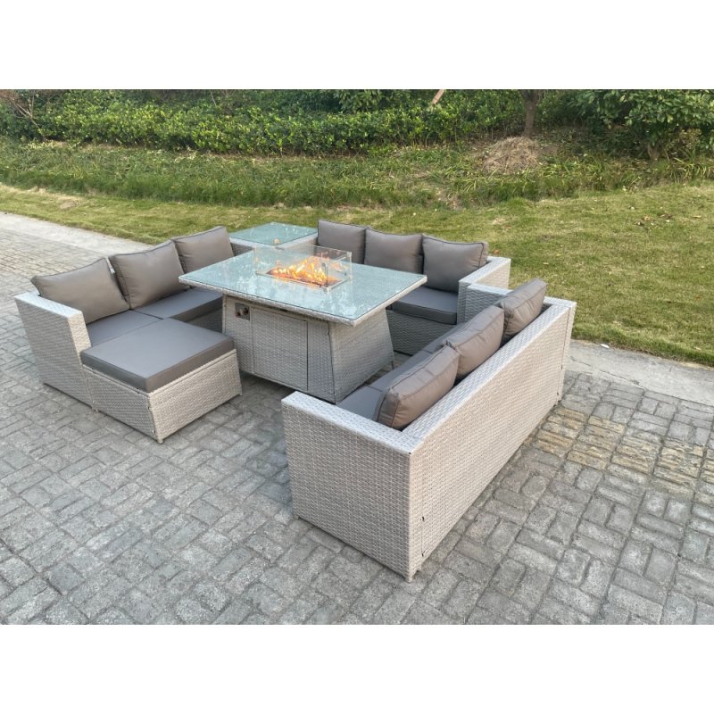 Fimous Light Grey U Shape Lounge Sofa Dining Set With Gas Heater Firepit Burner With Extra Side Coffee Tea Table Big Footstool