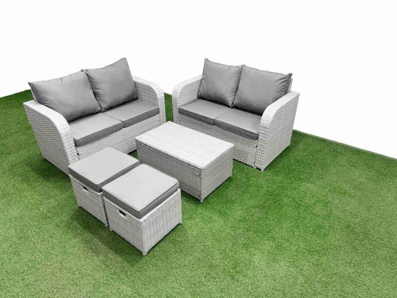 Fimous 6 Seater Outdoor Love Sofa Set Rattan Garden Furniture Set with Rectangular Coffee Table 2 Small Stools Light Grey