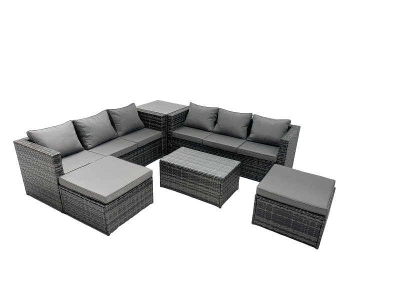 Fimous Rattan Garden Furniture Dining Set 8-seater Patio Coffee Table Sofa Set with Side Table 2 Big Footstools Dark Grey Mixed