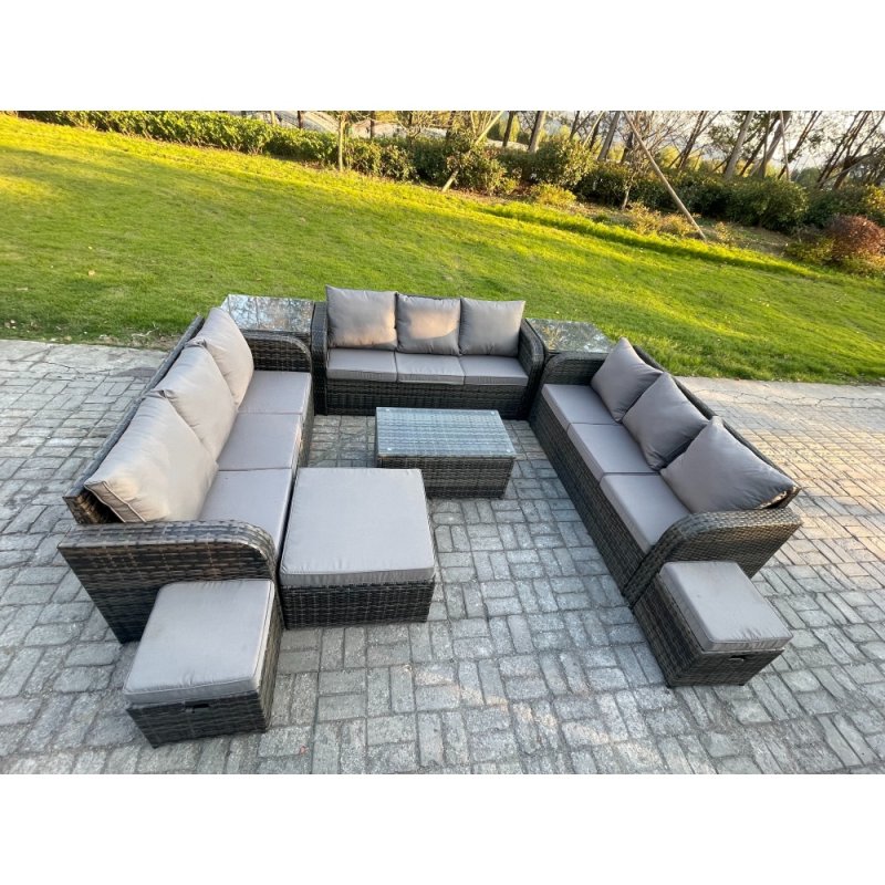 Fimous Rattan Lounge Sofa Set 12 Seater Outdoor Garden Furniture Set with Rectangular Coffee Table 3 Seater Sofa 2 Side Tables 3 Footstools Dark Grey Mixed