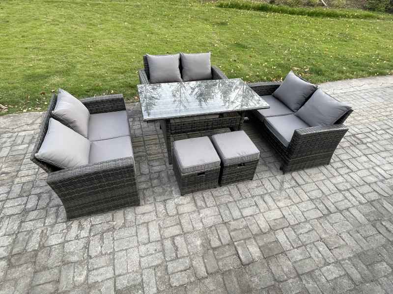 Fimous Wicker PE Rattan Garden Furniture Sets Outdoor Lounge Sofa Set with Oblong Dining Table Double Seat Sofa 2 Small Footstools Dark Grey Mixed