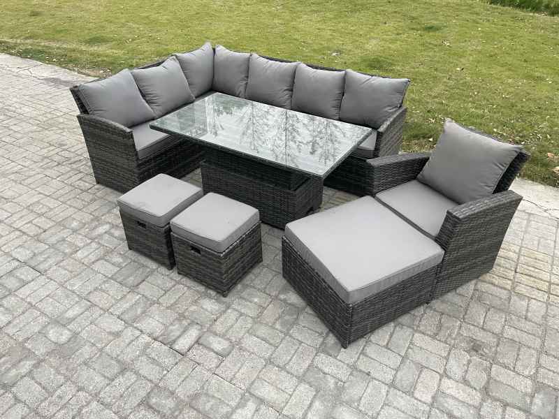 Fimous Outdoor Garden Furniture Set Wicker PE Rattan Height Adjustable Rising Lifting Table Sofa Dining Set with 3 Footstools Armchair Dark Grey Mixed