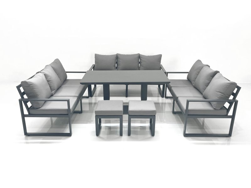Fimous 11 Seater Garden Sofa Set Aluminium Furniture Rising Dining Tabe Set wth 2 Small Footstools Dark Grey