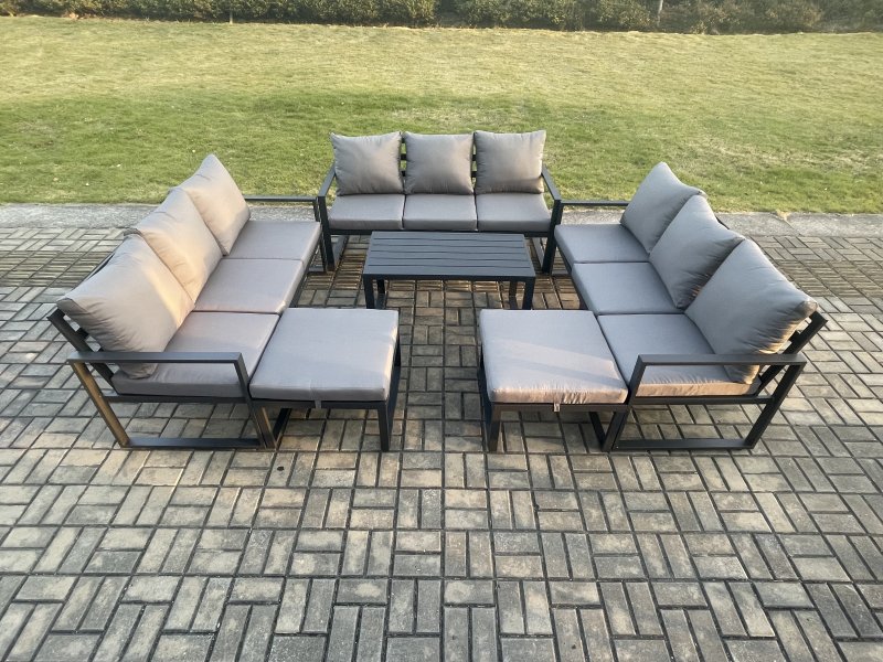 Fimous Aluminium Outdoor Garden Furniture Set Lounge Sofa Oblong Coffee Table 2 PC Big Footstool Sets with Cushions Dark Grey 11 Seater
