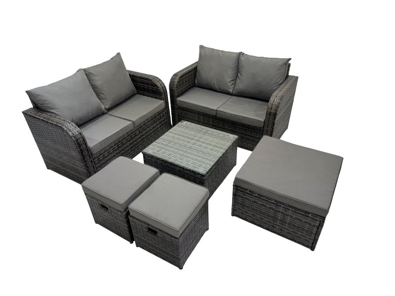 Fimous Rattan Garden Outdoor Furniture Set Love Sofa Square Coffee Table Set with 3 Stools Dark Grey Mixed