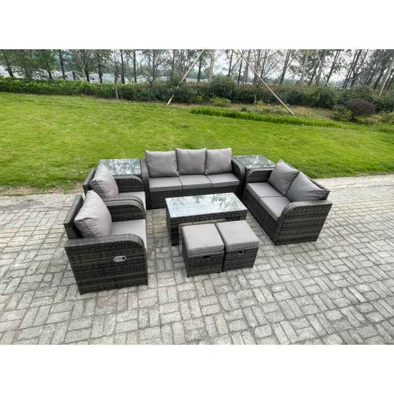 Fimous 9 Seater Outdoor Rattan Garden Furniture Set Rattan Lounge Sofa Set with Rectangular Coffee Table 2 Side Tables 2 Small Footstools Dark Grey Mixed