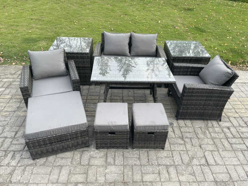 Fimous Rattan Wicker Garden Furniture Patio Conservatory Sofa Set with Rectangular Dining Table Armchair 2 Seater Sofa 3 Footstools 2 Side Tables