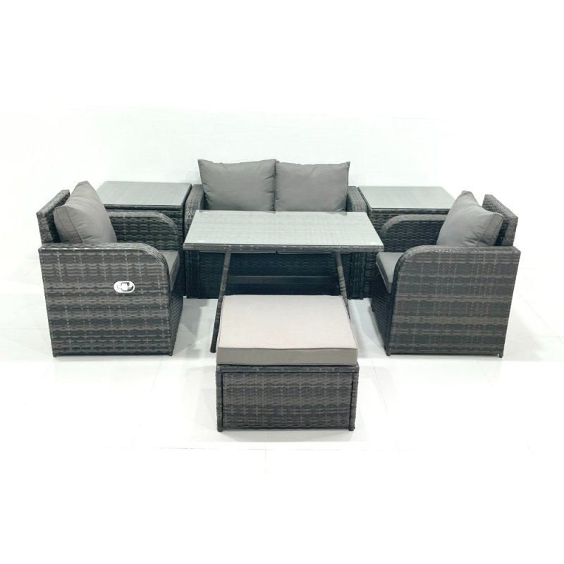 Fimous Outdoor Garden Furniture Set Rattan Sofa Dining Table Set with Reclining Chair 2 Side Tables Big Footstool Dark Grey Mixed