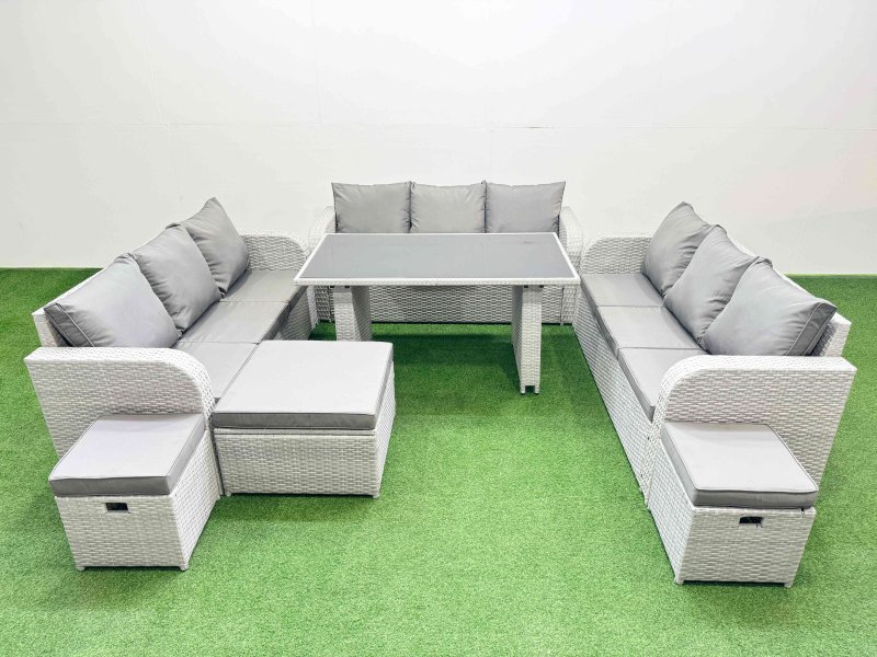 Fimous Patio Garden Furniture Sets with Black Glass Top Dining Table 3 Seater Sofa 3 Stool Light Grey