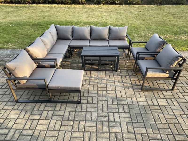 Fimous Aluminum 12 Seater Outdoor Lounge Corner Sofa Set Garden Furniture Sets with Oblong Coffee Table 3 Chairs 3 Footstools Dark Grey