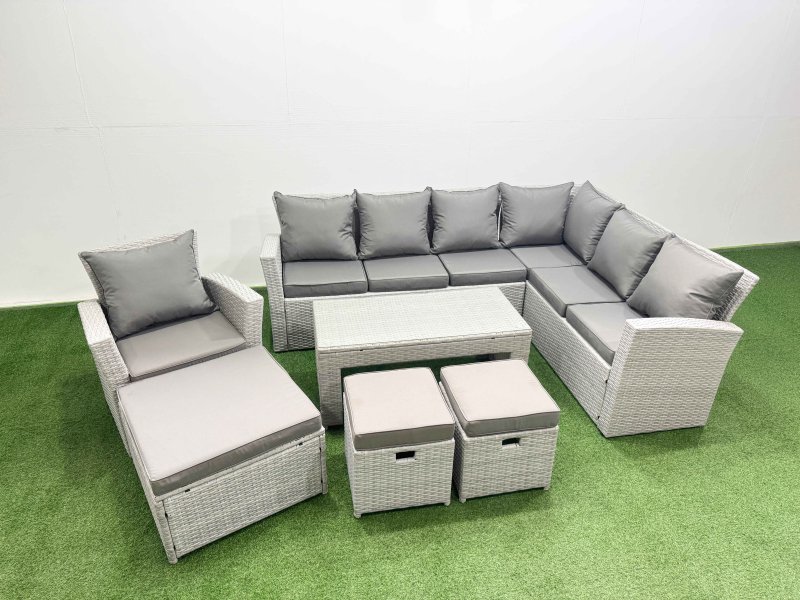 Fimous 11 Seater Garden Outdoor Rattan Furniture Set Rattan Corner Sofa Oblong Coffee Table with 3 Footstools Light Grey Mixed