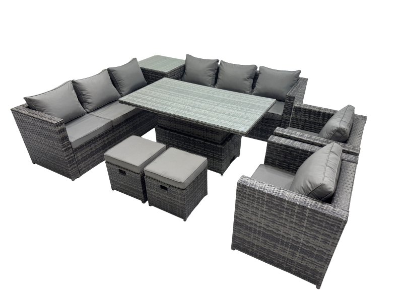 Fimous 10 Seater Outdoor Corner Sofa Height Adjustable Rising Lifting Table Set Garden Rattan Furniture Set with Side Table 2 Small Stools Dark Grey