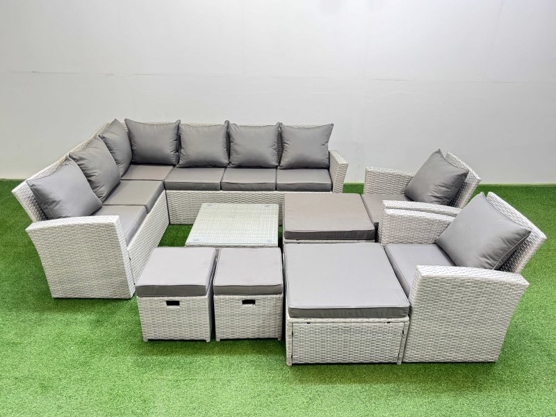 Fimous Outdoor Rattan Garden Furniture Set 12 Seater Corner Sofa Sets with Square Coffee Table Chair 4 Footstools Light Grey Mixed