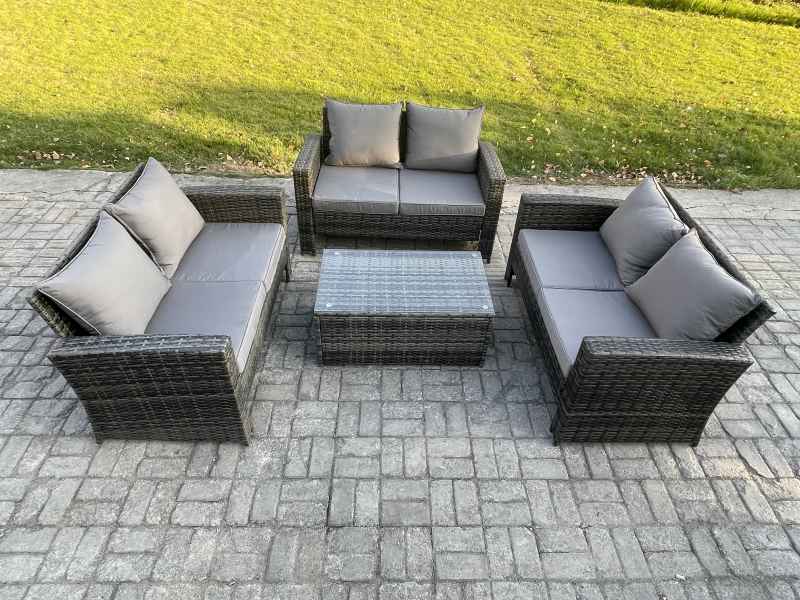 Fimous Dark Grey 6 Seater Outdoor Rattan Garden Furniture Set Patio Love Sofa Rectangular Coffee Table Set