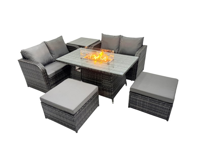 Fimous 6-seater Patio Gas Firpit Dining Table Sofa Sets Rattan Garden Furniture Dining Set with 2 Big Stools Side Tables Dark Grey Mixed