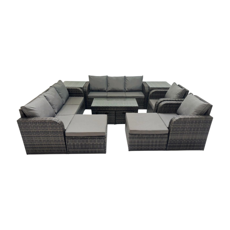 Fimous Rattan Garden Outdoor Furniture Set 3 Seater Sofa Reclining Chair Coffee Table with 4 Footstools 2 Side Tables Dark Grey Mixed