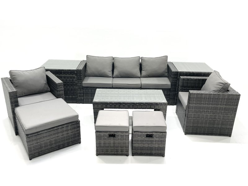 Fimous 8 Seater Rattan Garden Furniture Set Outdoor Lounger Sofa with Coffee Table 2 Armchair 3 Footstools 2 Side Tables Dark Grey Mixed