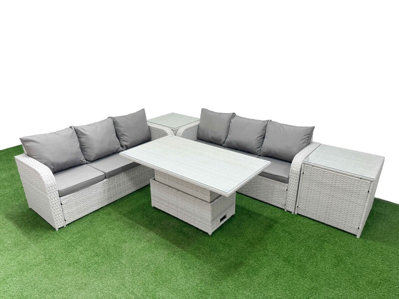Fimous Outdoor Garden Furniture Sets 6 Seater Wicker Rattan Furniture Sofa Sets with Adjustable Lifting Dining or Coffee Table high Back Lounge Sofa 2 Side Table Light Grey