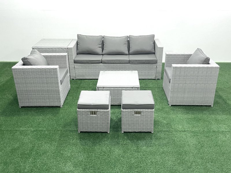 Fimous 7 Seater Rattan Garden Furniture Set with 3 Seater Sofa 2 Chair Square Coffee Table 2 Small Footstools Side Table Light Grey Mixed