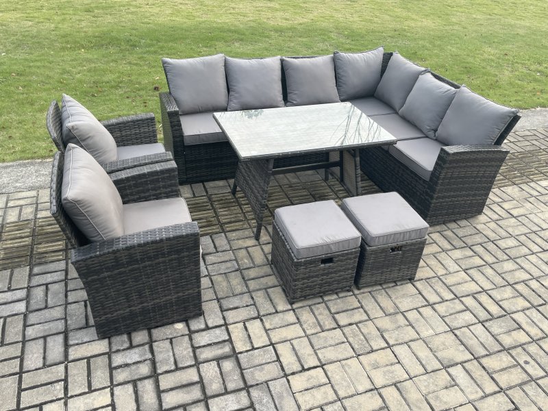 Fimous High Back Outdoor Garden Furniture Set Rattan Corner Sofa Dining Table Set With Armchairs 2 Small Footstools 10 Seater Dark Grey Mixed
