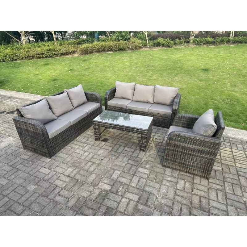 Fimous 7 Seater Dark Grey PE Wicker High Back Rattan Garden Furniture Set Reclining Chair Lounge 3 Seater Sofa Set Outdoor Rectangular Coffee Table