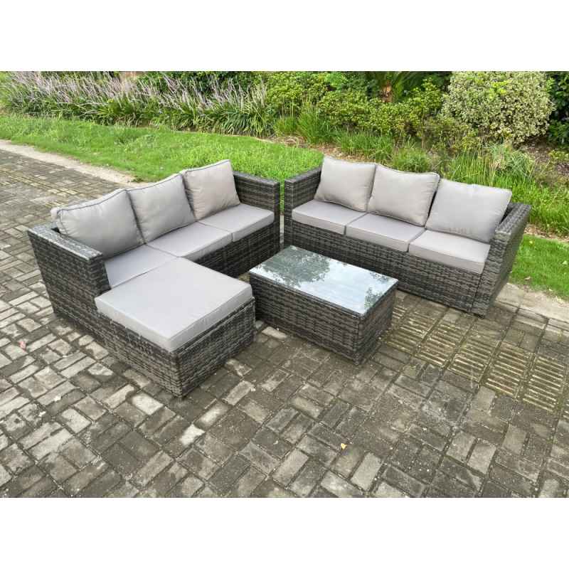 Fimous 7 Seater Rattan Garden Furniture Set Outdoor Patio Sofa Set with Oblong Coffee Table Big Footstool Dark Grey Mixed