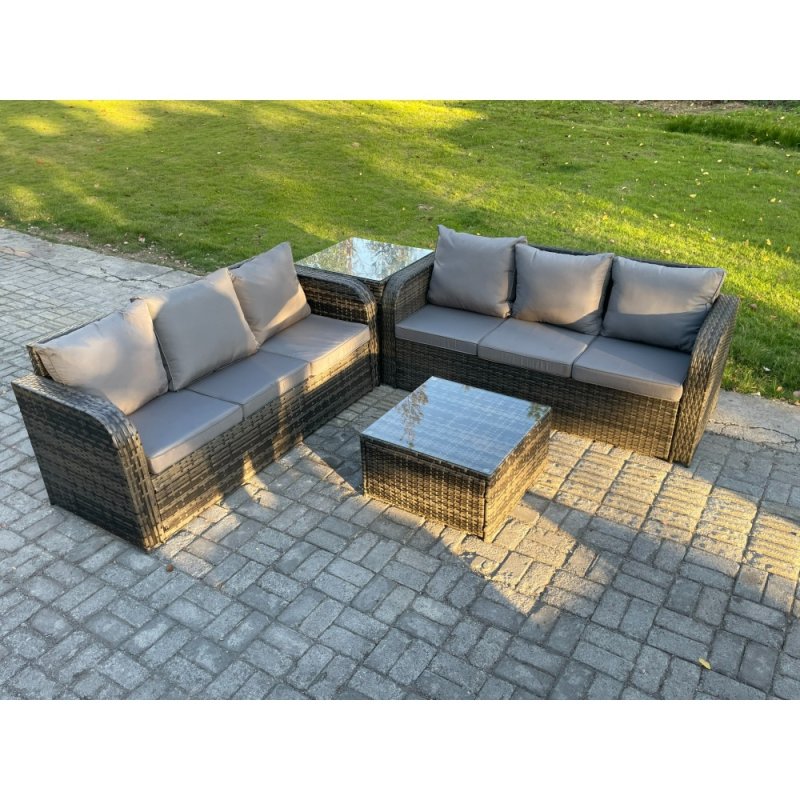 Fimous Indoor Outdoor Rattan Garden Furniture 6 Seater Set Table Sofa Chair Patio Conservatory with Grey Cushions Side Table