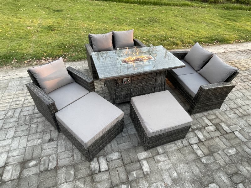 Fimous 7 Seater Rattan Garden Furniture Set Outdoor Lounge Sofa Chair Gas Fire Pit Dining Table Set With 2 Big Footstool Double Seat Sofa Armchiar