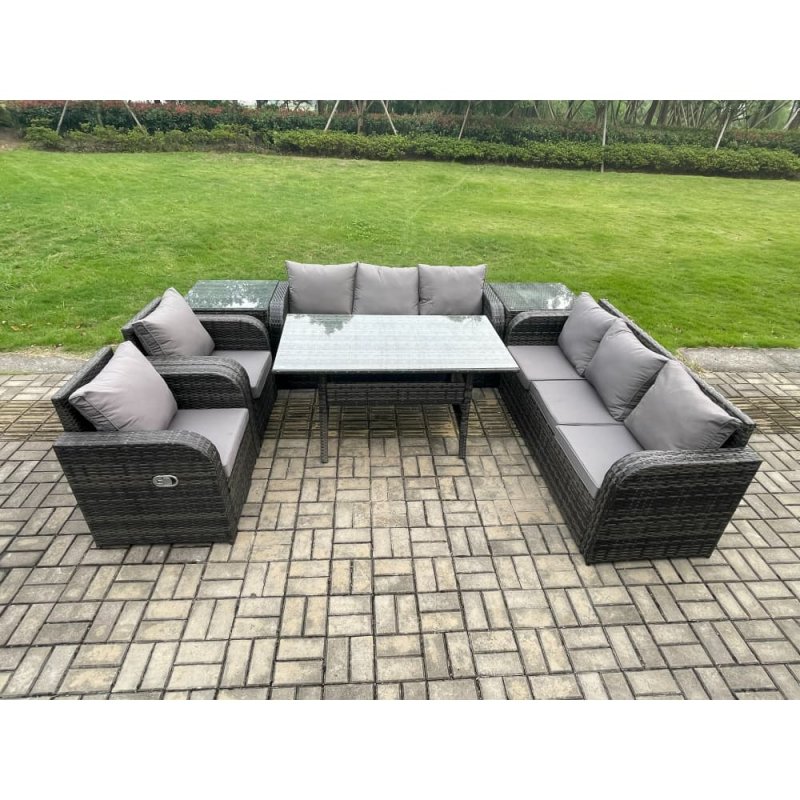 Fimous Outdoor Garden Patio Furniture Wicker Rattan Oblong Rectangular Dining Table and Lounge Sofa set with 2 Side Table Dark Grey Mixed