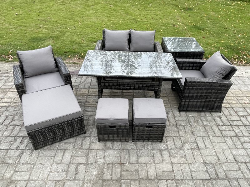 Fimous 7 Seater PE Wicker Outdoor Garden Furniture Set Patio Furniture Rattan Rectangular Dining Table Lounge Sofa with 3 Footstools Side Table