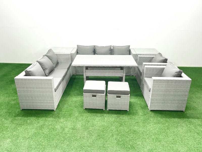 Fimous Rattan Garden Furniture Set Outdoor 8 Seater Patio Dinin g Sofa Sets with Dining Table 2 Chairs 2 Side Tables 2 Small Footstools Light Grey Mixed